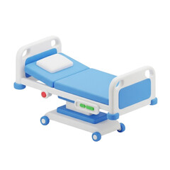 3D Illustration of an Adjustable Hospital Bed with Wheels and Soft Blue Mattress