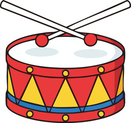 A colorful cartoon image of a red drum with drumsticks, perfect for musical themes.