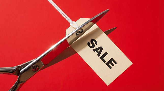 Scissors cutting beige sale tag on red background symbolizing discount and price cut concept
