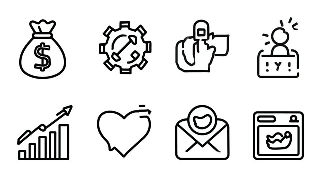 Business, Finance and Marketing Icons Set. Digital Growth, Success, Payment, Social Media and E-commerce Symbols Collection.