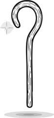 A black and white hand-drawn illustration of a wooden shepherd's crook with a sparkle, isolated on a white background.
