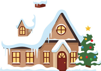 A cozy cartoon house covered in snow with a decorated Christmas tree outside.