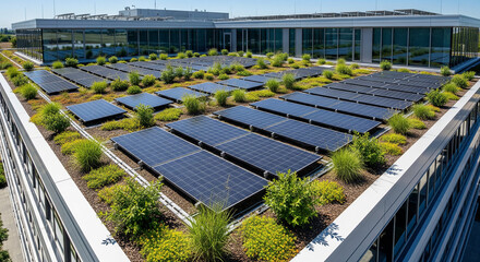 Modern Green Rooftop with Solar Panels and Lush Vegetation Showcasing Sustainable Urban Architecture