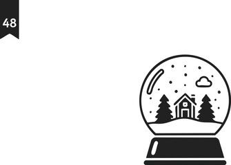 Minimalist black and white illustration of a snow globe with a house and pine trees inside, depicting a winter scene.