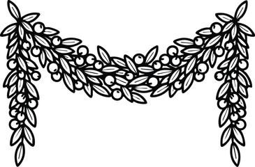 Elegant black and white illustration of a decorative garland with leaves and berries.