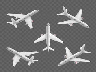 Set of passenger airplane models in isometric projection. Collection of planes isolated on a transparent background. Vector illustration