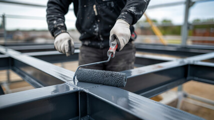 Worker Painting Steel Structure with Protective Coating