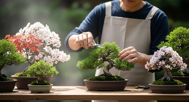 A dedicated gardener carefully prunes a beautiful bonsai tree with scissors, highlighting the intricate art of miniature tree cultivation and the serene joy of this traditional hobby - Powered by Adobe