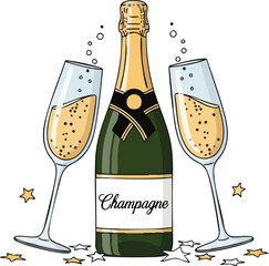 Illustration of a champagne bottle with two glasses, bubbles, and stars, celebrating.