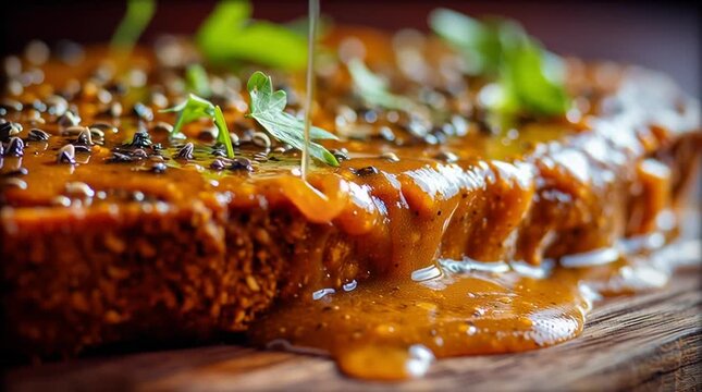 Closeup of savory meatloaf or pt covered in rich brown sauce