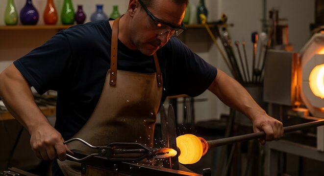 Male glass artist in an apron and safety glasses diligently shaping glowing molten glass with tools in his workshop