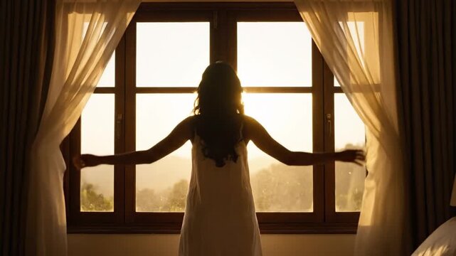 Woman opening curtains to sunlight in cozy room at sunrise  