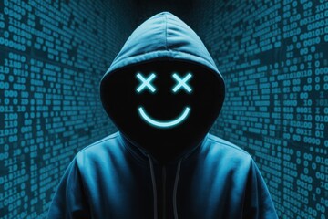 Mysterious hacker with glowing smiley face in digital code offers cybersecurity solutions now