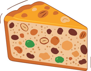 A delicious slice of fruitcake filled with nuts and dried fruits, showcasing a rich texture and festive ingredients.