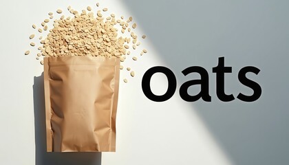 Brown kraft paper pouch with rolled oats spilling out. Harsh shadow on white background. Oatmeal cereal packaging mockup. Healthy vegan breakfast food.