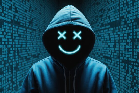 Mysterious hacker with glowing smiley face in digital code offers cybersecurity solutions now
