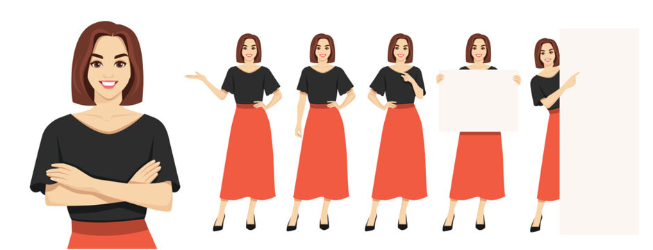 Young business woman in different poses, showing something or holding and pointing to the empty blank board set. Isolated vector illustration collection