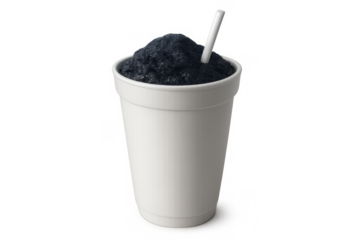 White cup with black slushy drink and straw, refreshing granular beverage for summer, transparent background