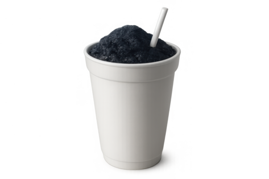 White cup with black slushy drink and straw, refreshing granular beverage for summer, transparent background