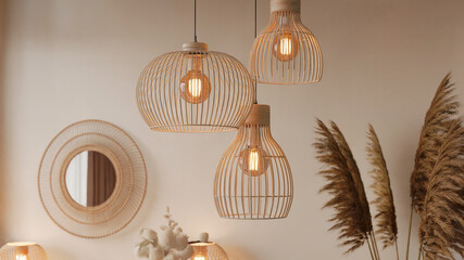 Boho Interior Decor with Rattan Pendant Lights