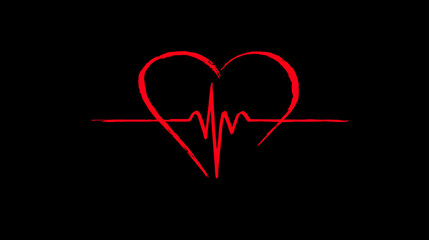 Red heart symbol with dynamic heartbeat line on black background. Abstract graphic representing love, life, health, and medical rhythm.