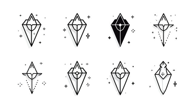 Collection of minimal line art geometric crystal icons. Abstract diamond and gem shapes with sparkle elements for magic and esoteric design.