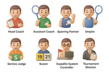3d cartoon characters in badminton roles: coaches, players, and officials