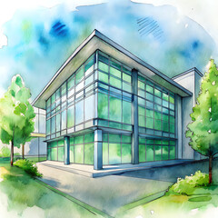 modern-glass-office-building- ,watercolor background