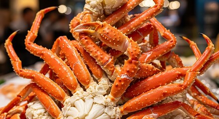 A gourmet display of freshly steamed Alaskan king crab legs piled high, a luxurious seafood delicacy ready for a festive feast