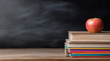 Red Apple on Stack of Books Against Dark Chalkboard Background in Education Still Life with Rustic Wood Table Surface