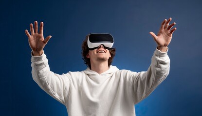 Naklejka premium Young Man Experiencing Virtual Reality with Excitement and Joy