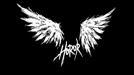 Obraz premium Grungy White Angel Wings and Stylized Horror Text on Black Background for Dark, Edgy Design Concepts and Themes