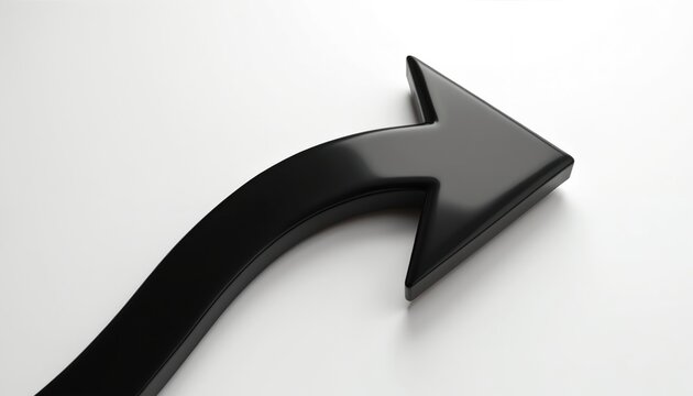 Sleek black arrow curves upward on clean white background. Modern 3d pointer icon direction progress, financial growth. Sign points forward indicating positive trend for business success moving up