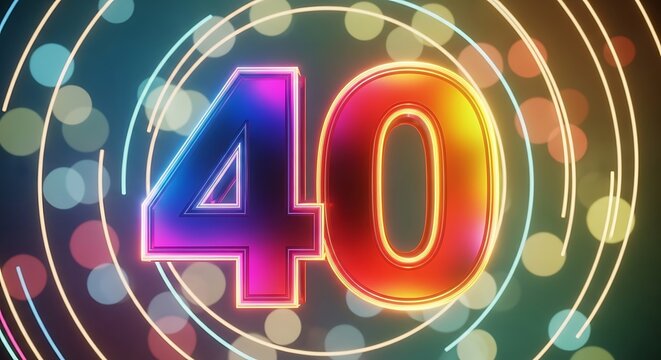 Vibrant celebration concept with the number 40 in glowing red and blue neon lights against a dark background with festive bokeh