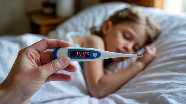 Child With Fever Shown on Digital Thermometer