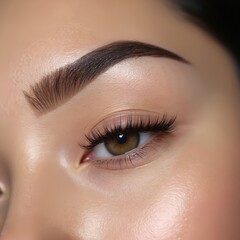 Naklejka premium Close-up of womans eye permanent eyebrow makeup. Detailed brow definition, eyelash extensions create glamorous look. Portrait highlights beauty, cosmetic enhancement for skincare routines.
