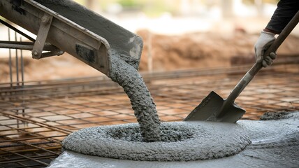Concrete Pouring on Reinforced Steel Construction Base