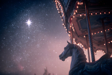 a horse is standing on a merry go round