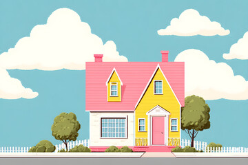a cartoon house with a pink roof and a yellow door