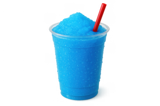 Blue slushy drink in a plastic cup with a red straw, a cold and refreshing frozen sugary beverage