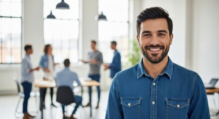 Smiling businessman in modern office with colleagues in background