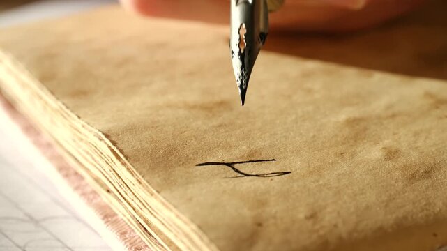 Close up shot person hand writing the word hello with black ink using vintage dip pen. Calligrapher is working on aged, yellowed paper under warm, natural sunlight. Calligrapher writing the word hello