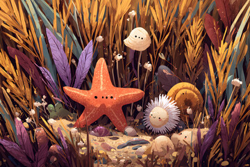 a starfish and other sea creatures in a seaweed