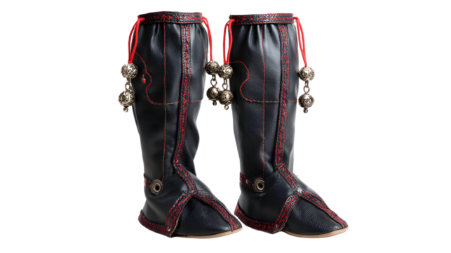 Dcorative handmade leather Sami winter boots isolated on white background