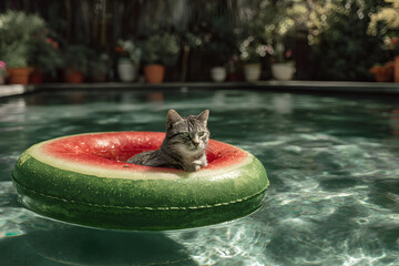 a cat is sitting on a watermelon in a pool