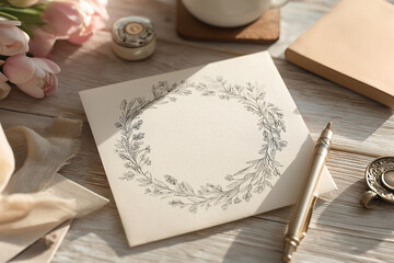 Elegant floral wreath design on a blank card resting on a wooden table with a cup and flowers at an indoor setting during morning light