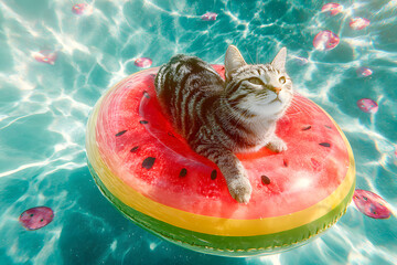 a cat sitting on a watermelon floating in a pool