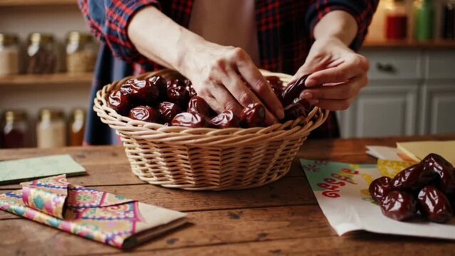 Mother wrapping dates in small packets for neighbors, cinematic soft-focus lighting.
