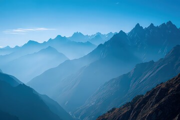 Obraz premium Layered Mountain Range in Blue Hues with Misty Valleys and Forested Slopes Under a Clear Sky Early Morning