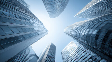 Modern corporate skyscrapers rise into a clear sky from an elevated perspective, showcasing a clean and professional architectural design in a symmetrical layout